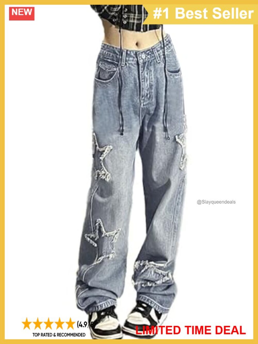 Women's Baggy Patchwork Star Jeans Y2K Grunge Relaxed Fit High Rise Denim